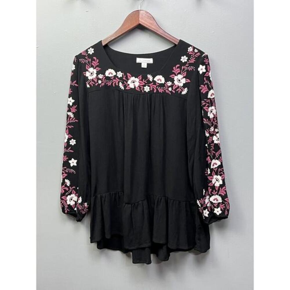 LA THREADS Top Womens small black peassant boho embroidered top‎ Floral ruffles